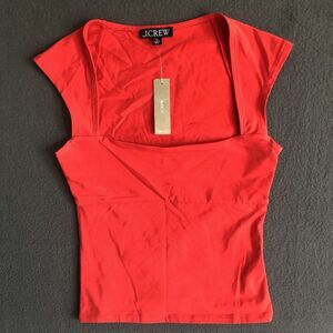 J.Crew Top XS Red Square Neck Cap Sleeve Fitted Blouse Cotton Blend Stretch NWT